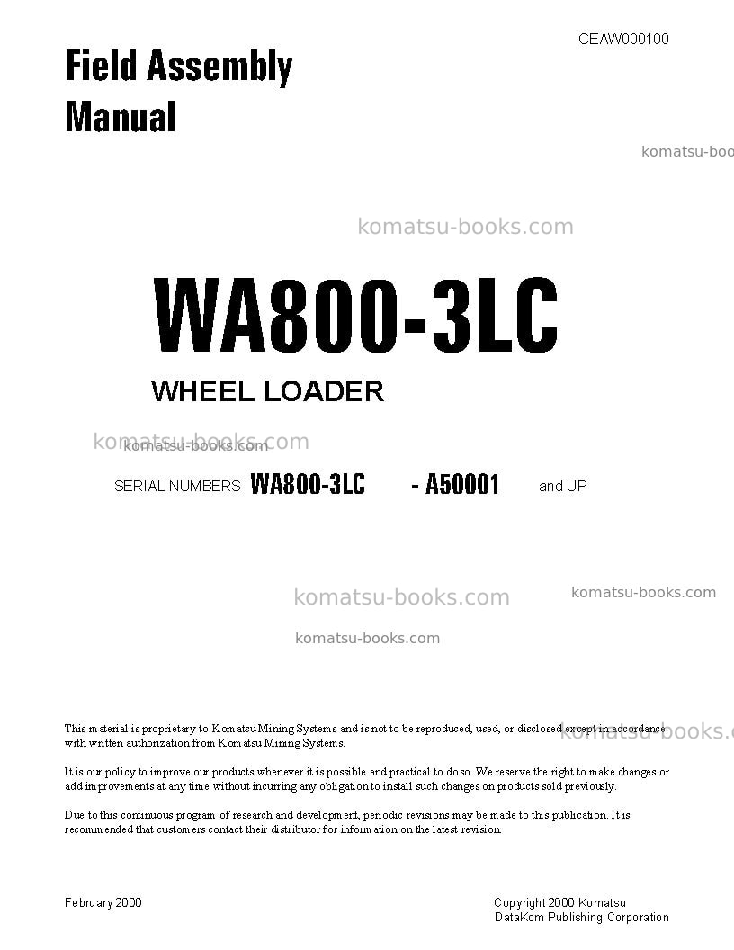 Komatsu wa800-3usa-lc Field assembly manual cover Komatsu wa800-3usa-lc Field assembly manual cover