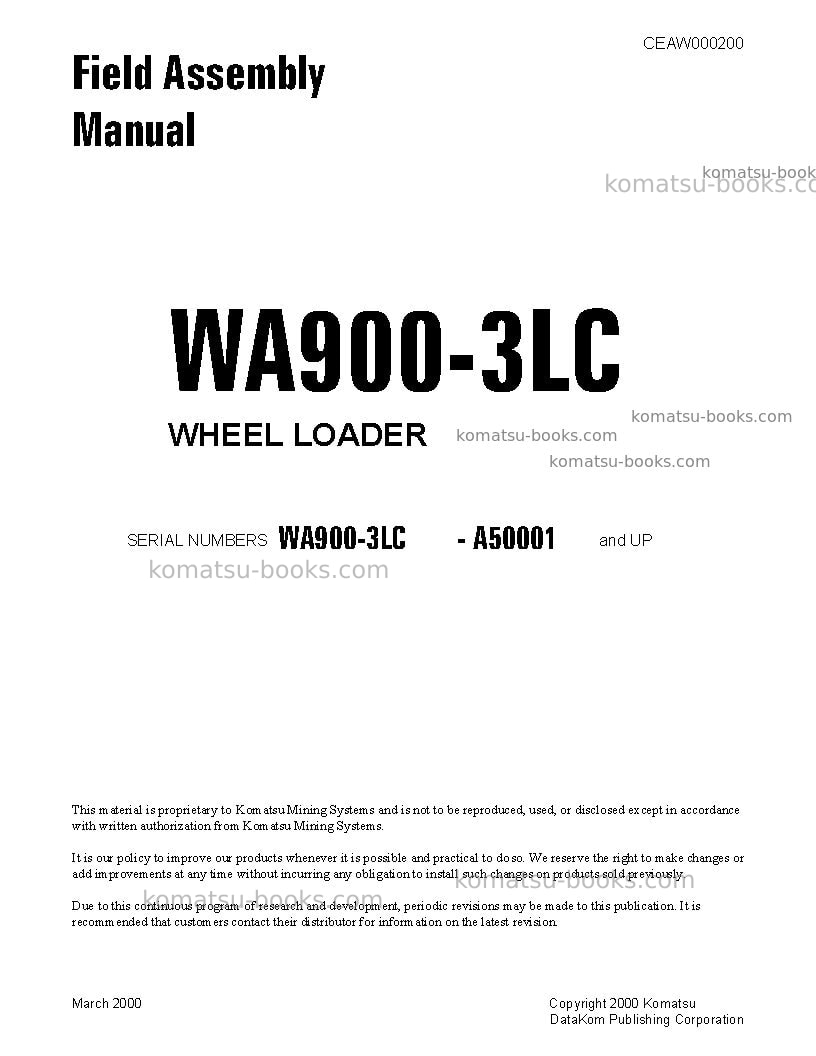 Komatsu wa900-3usa-lc Field assembly manual cover