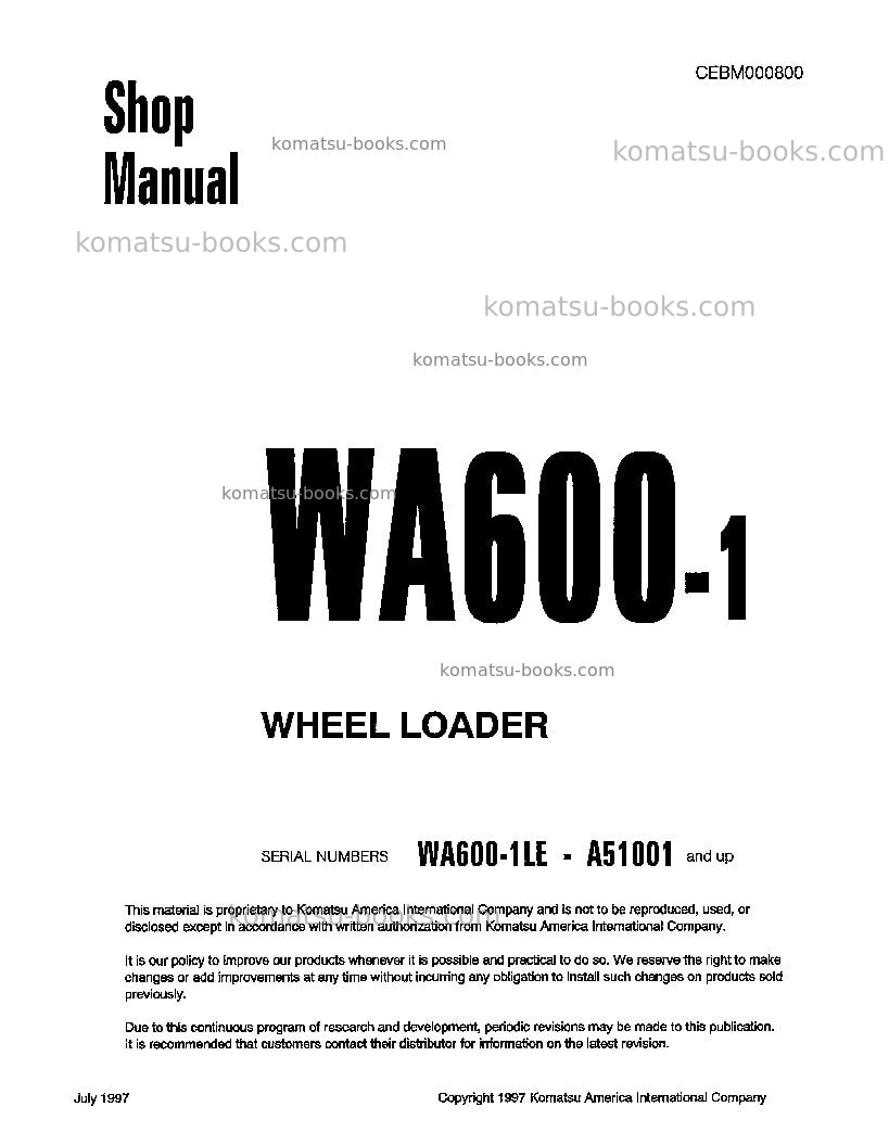 Komatsu wa600-1usa-le Repair & maintenance cover