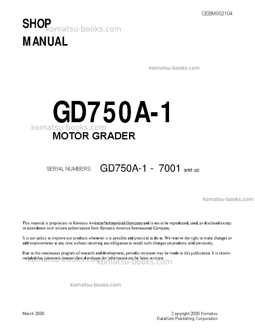 Komatsu gd750a-1usa Repair & maintenance cover