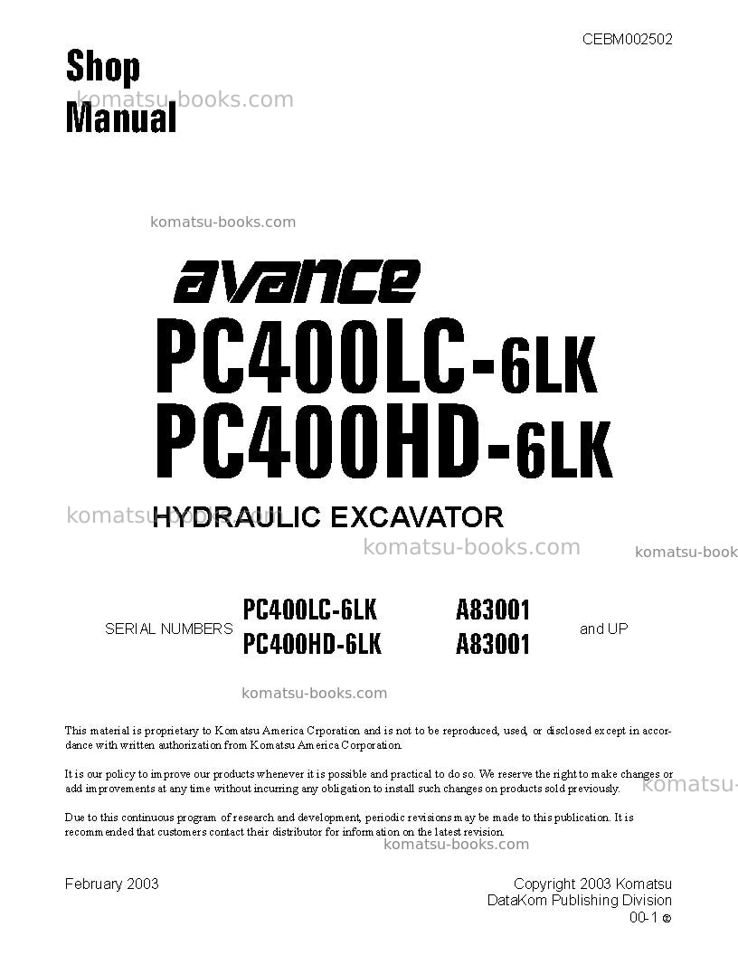 Komatsu pc400hd-6usa-lk Repair & maintenance cover