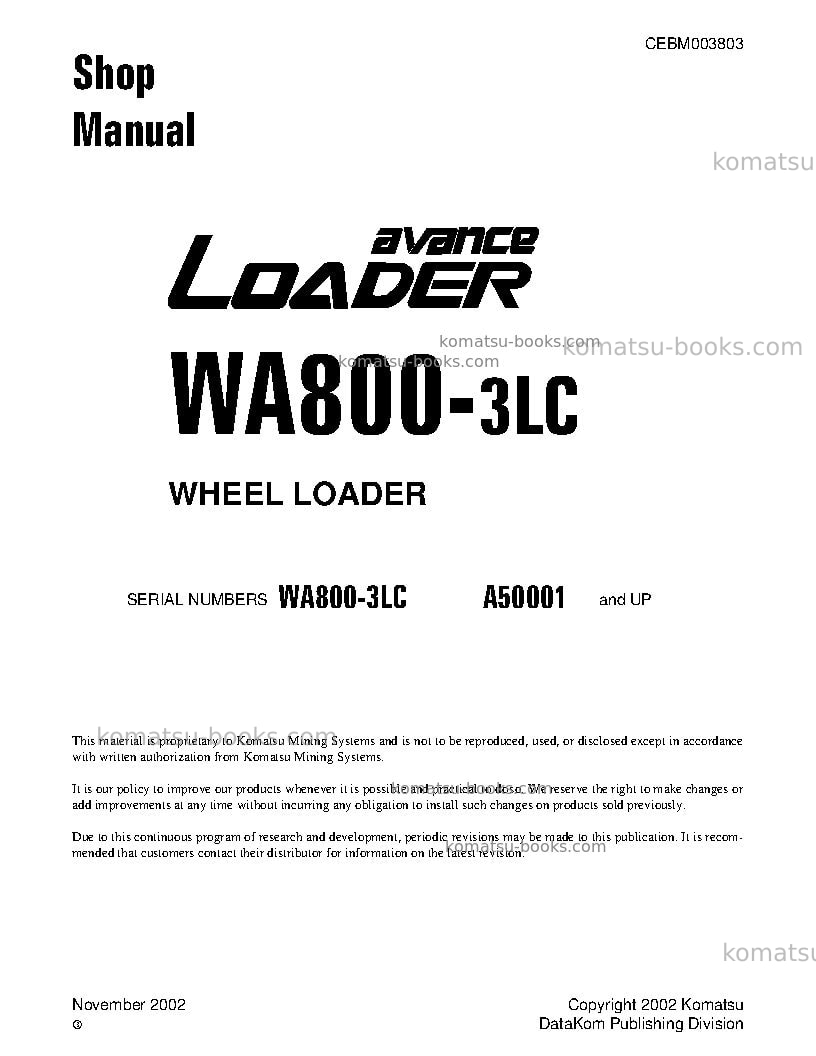 Komatsu wa800-3usa-lc Repair & maintenance cover