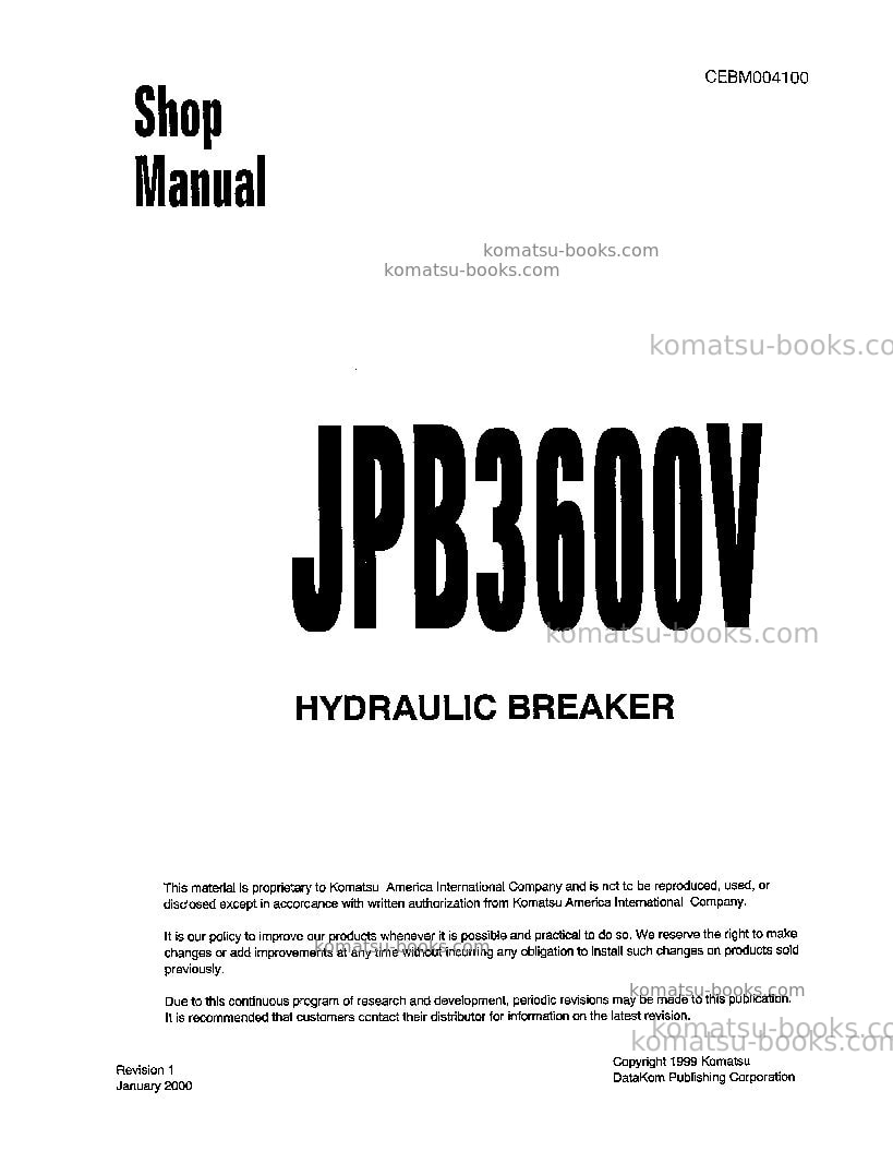 Komatsu jpb3600vusa Repair & maintenance cover
