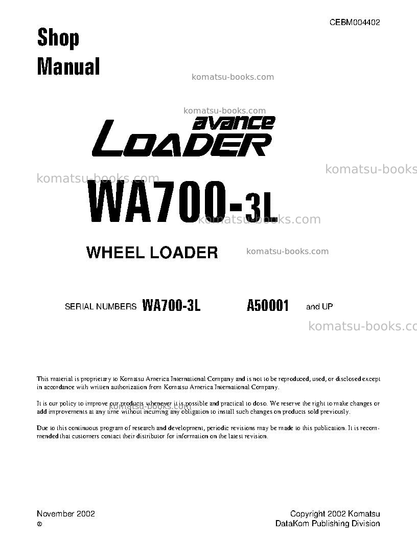 Komatsu wa700-3usa-l Repair & maintenance cover