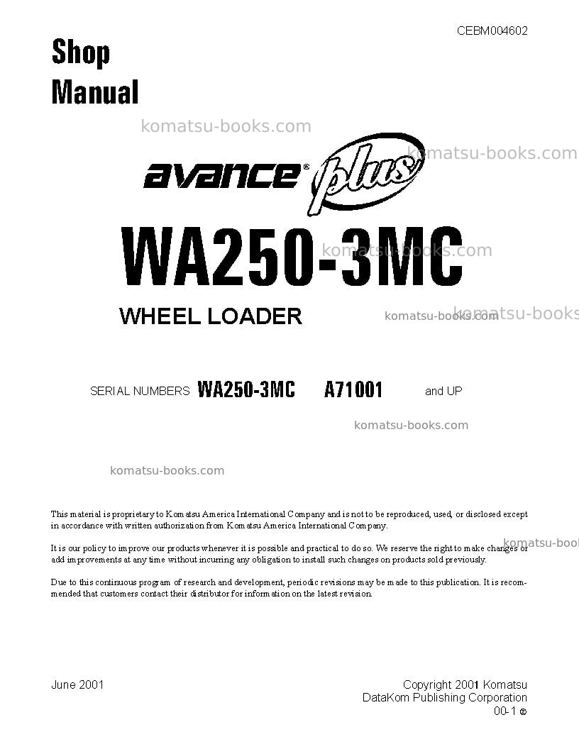 Komatsu wa250-3usa-mc Repair & maintenance cover