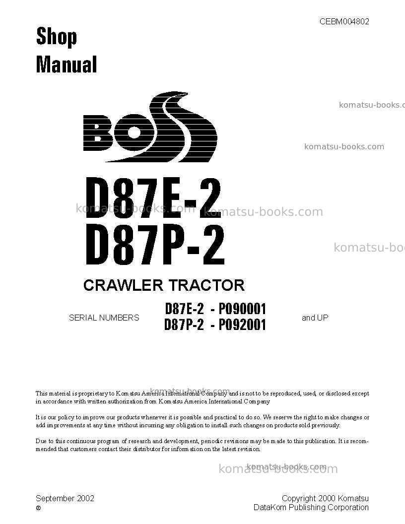 Komatsu d87e-2usa Repair & maintenance cover