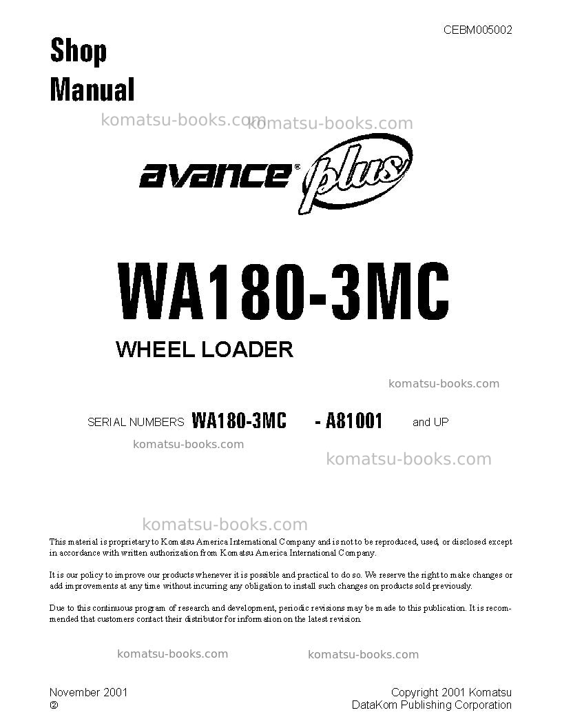 Komatsu wa180-3usa-mc Repair & maintenance cover