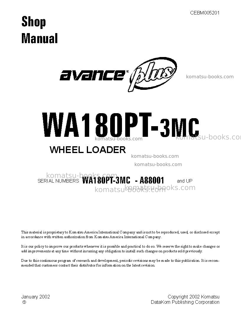 Komatsu wa180pt-3usa-mc Repair & maintenance cover
