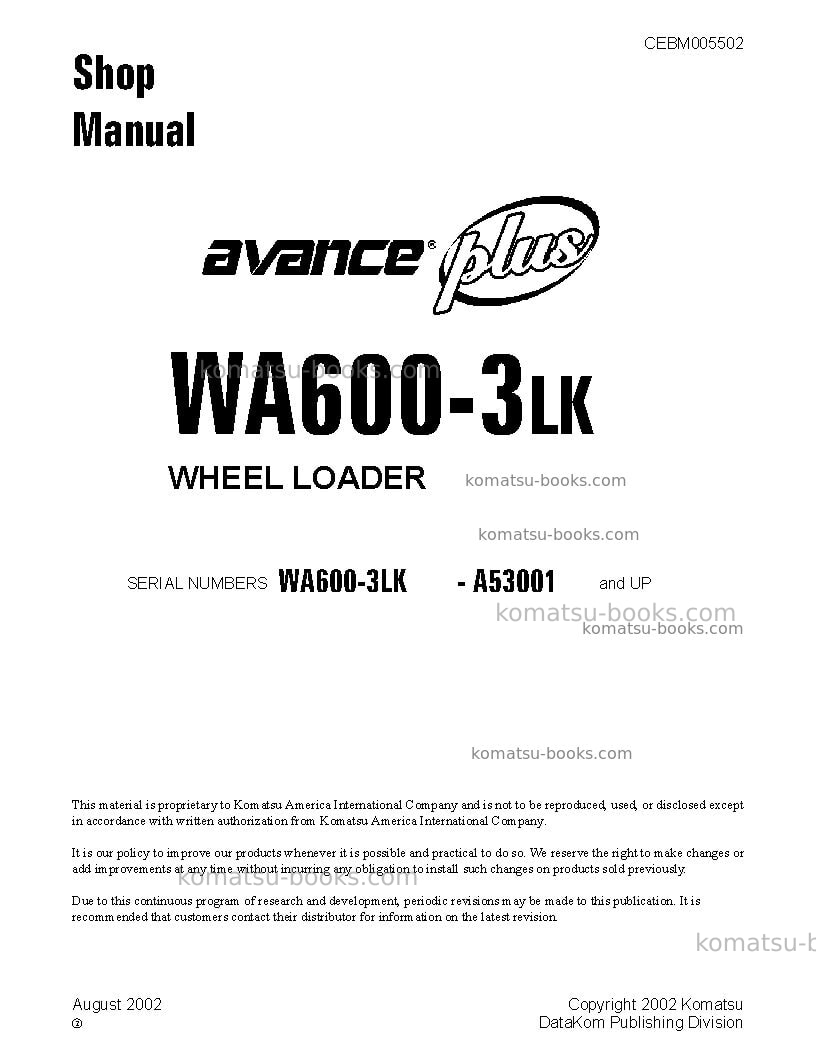 Komatsu wa600-3usa-lk Repair & maintenance cover
