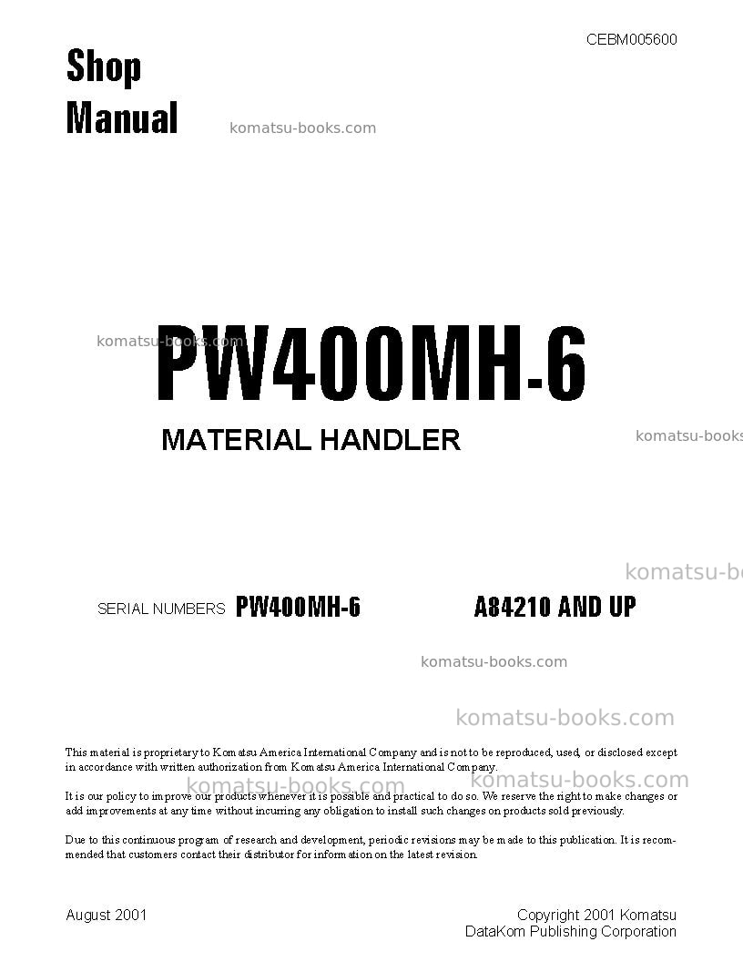 Komatsu pw400mh-6usa Repair & maintenance cover