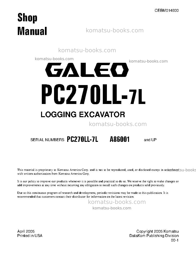 Komatsu pc270ll-7usa-l Repair & maintenance cover