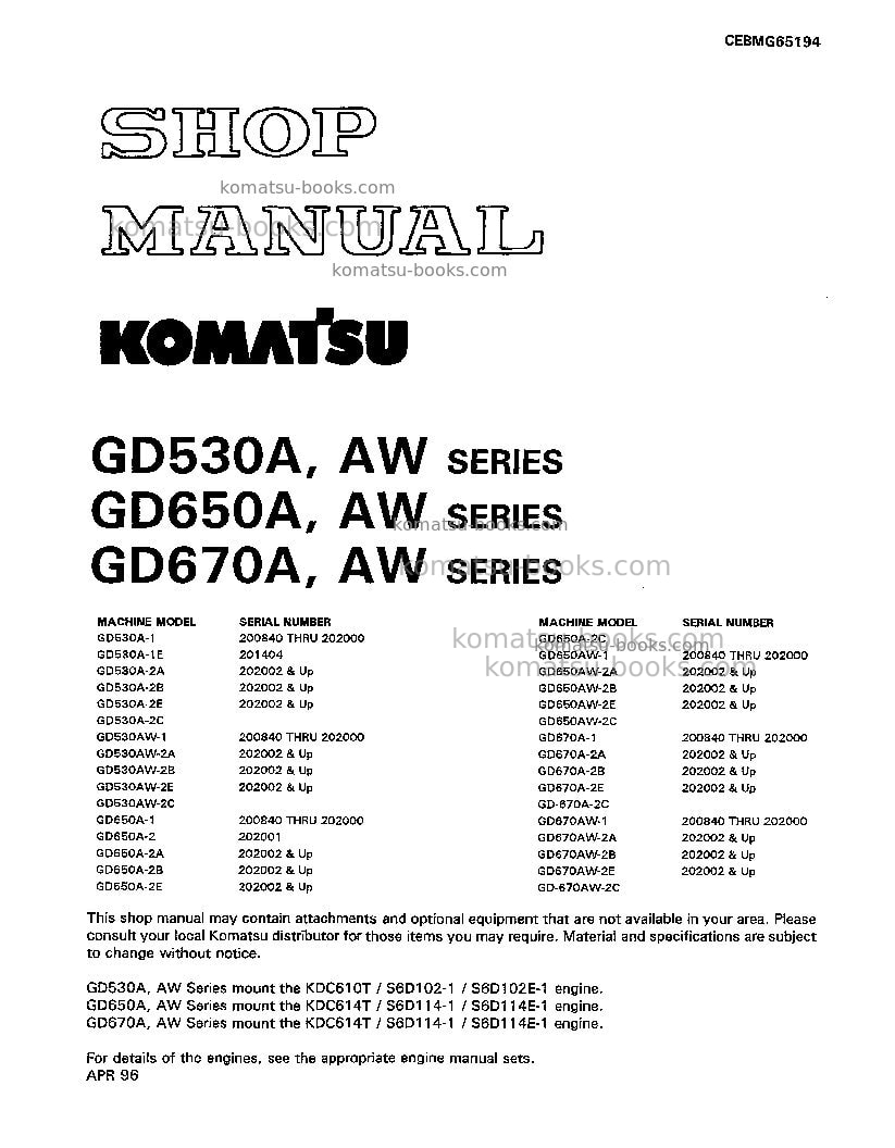 Komatsu gd670a-1usa Repair & maintenance cover Komatsu gd670a-1usa Repair & maintenance cover