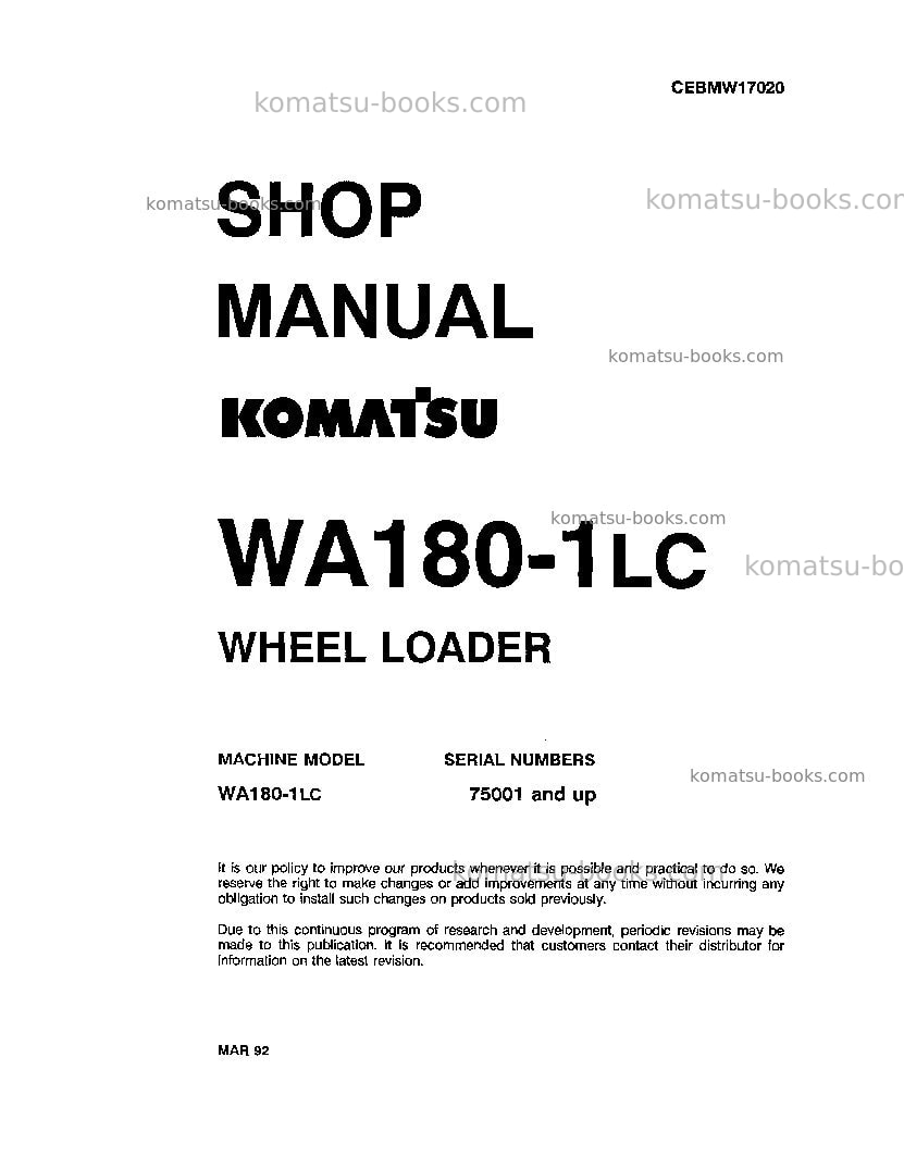 Komatsu wa180-1usa-lc Repair & maintenance cover