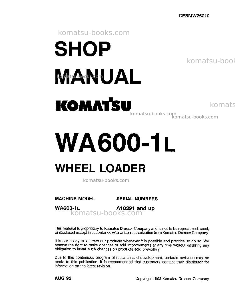 Komatsu wa600-1usa-l Repair & maintenance cover