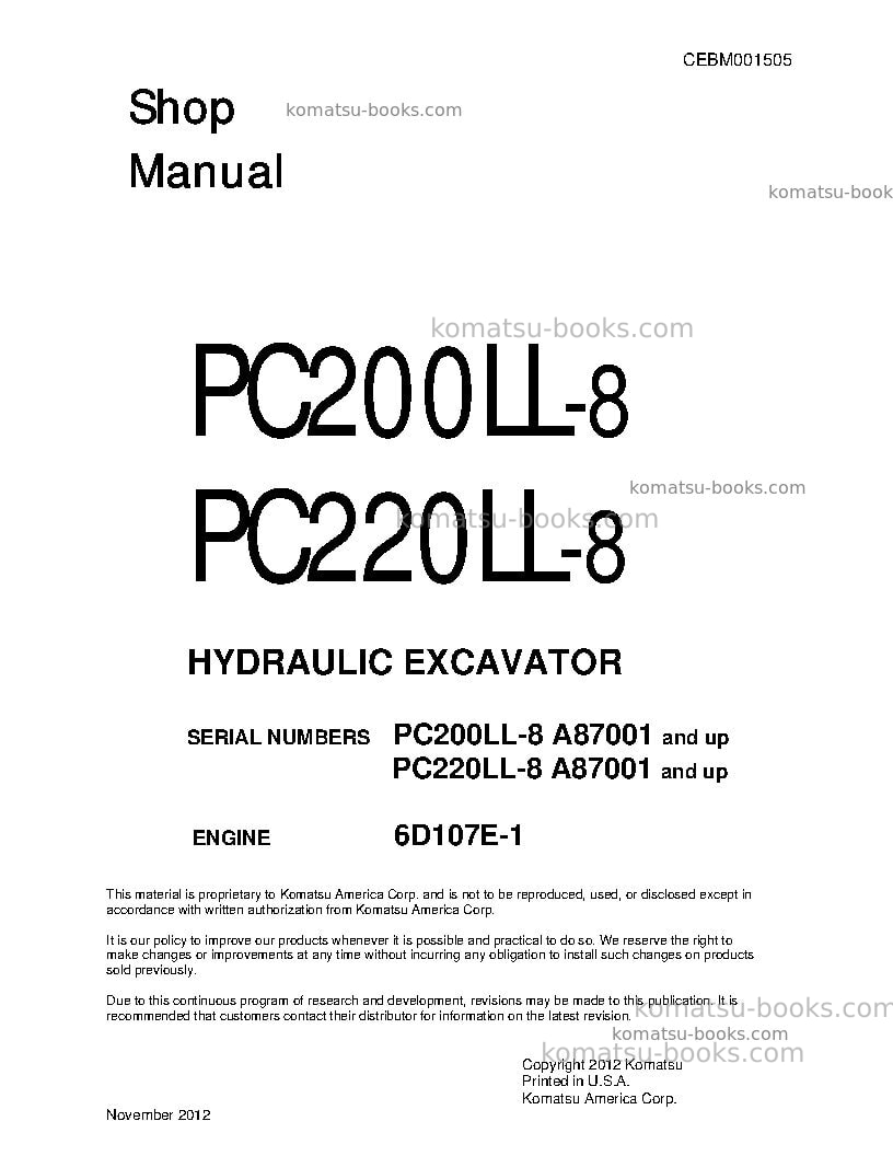Komatsu pc200ll-8usa Repair & maintenance cover