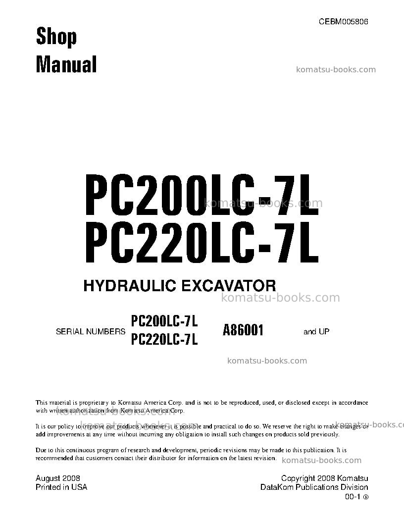 Komatsu pc200lc-7usa-l Repair & maintenance cover