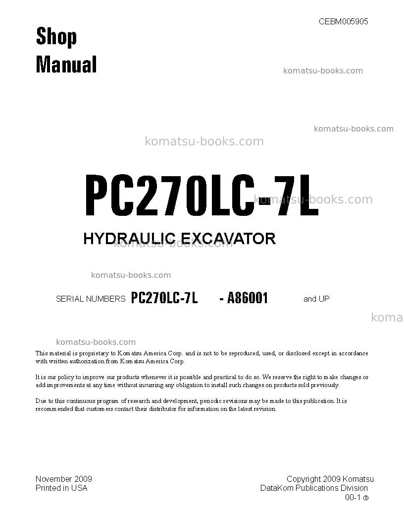 Komatsu pc270lc-7usa-l Repair & maintenance cover
