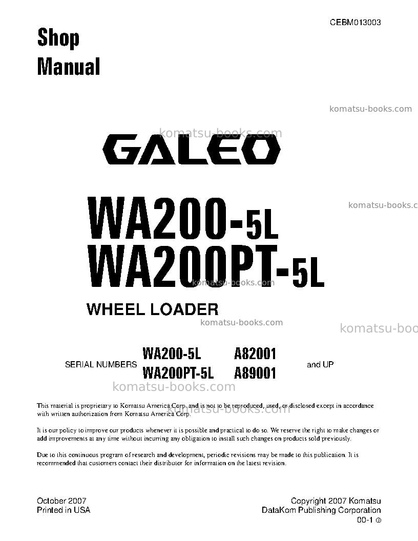 Komatsu wa200-5usa-l Repair & maintenance cover