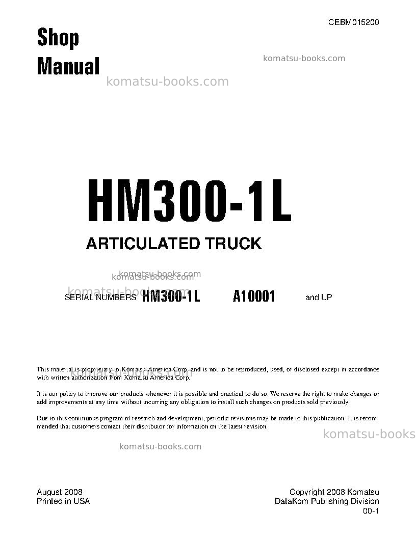 Komatsu hm300-1usa-l Repair & maintenance cover Komatsu hm300-1usa-l Repair & maintenance cover