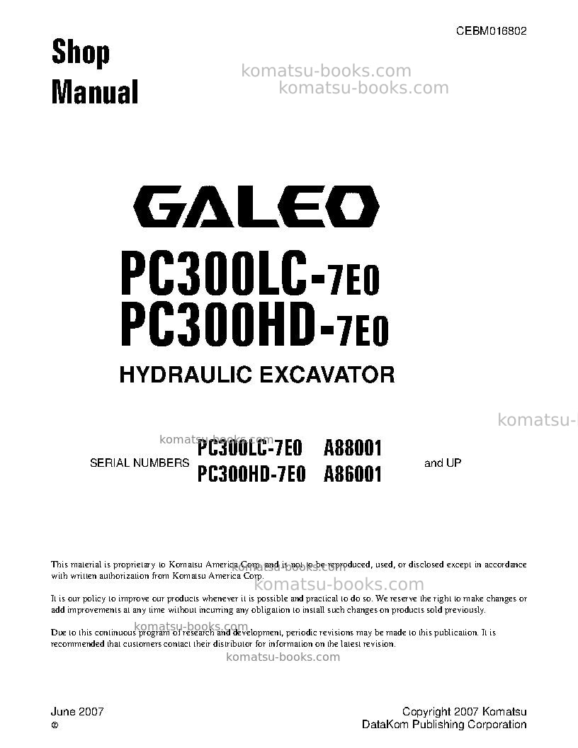 Komatsu pc300lc-7usa-tier 3 Repair & maintenance cover Komatsu pc300lc-7usa-tier 3 Repair & maintenance cover