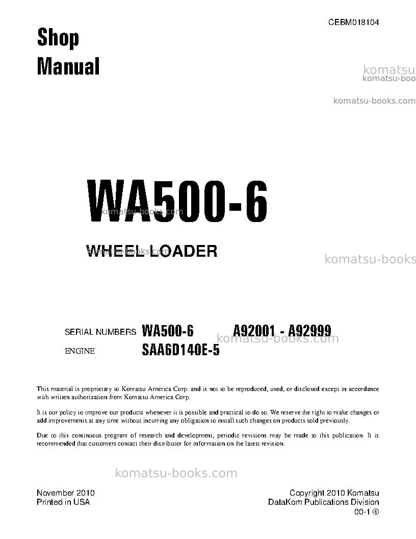 Komatsu wa500-6usa Repair & maintenance cover