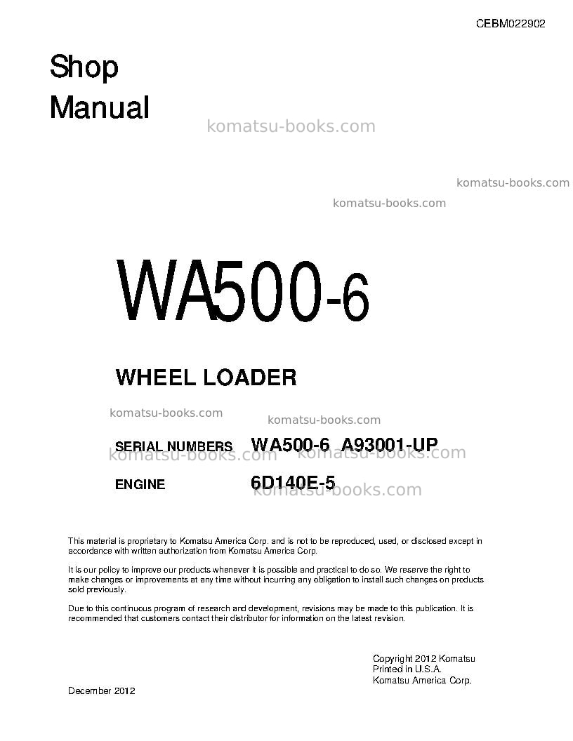 Komatsu wa500-6usa Repair & maintenance cover