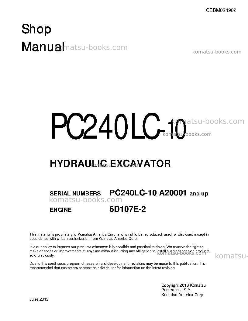 Komatsu pc240lc-10usa Repair & maintenance cover