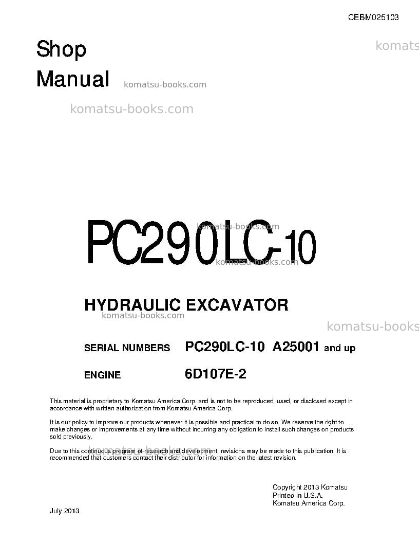 Komatsu pc290lc-10usa Repair & maintenance cover