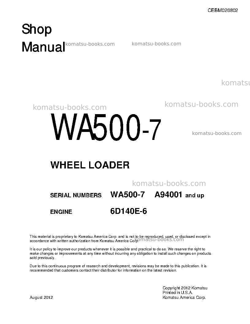 Komatsu wa500-7usa Repair & maintenance cover