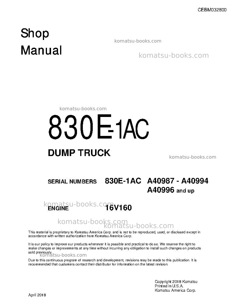 Komatsu 830e-1usa-ac Repair & maintenance cover