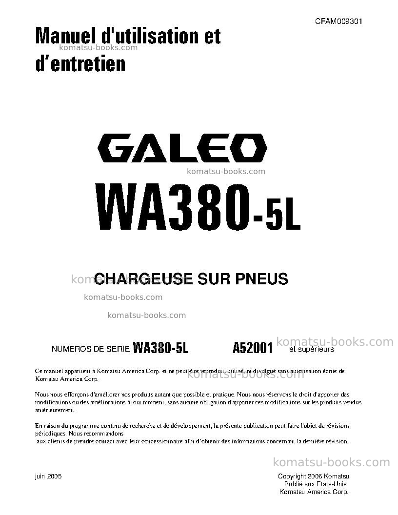 Komatsu wa380-5usa-l Manuel d'utilisation couverture