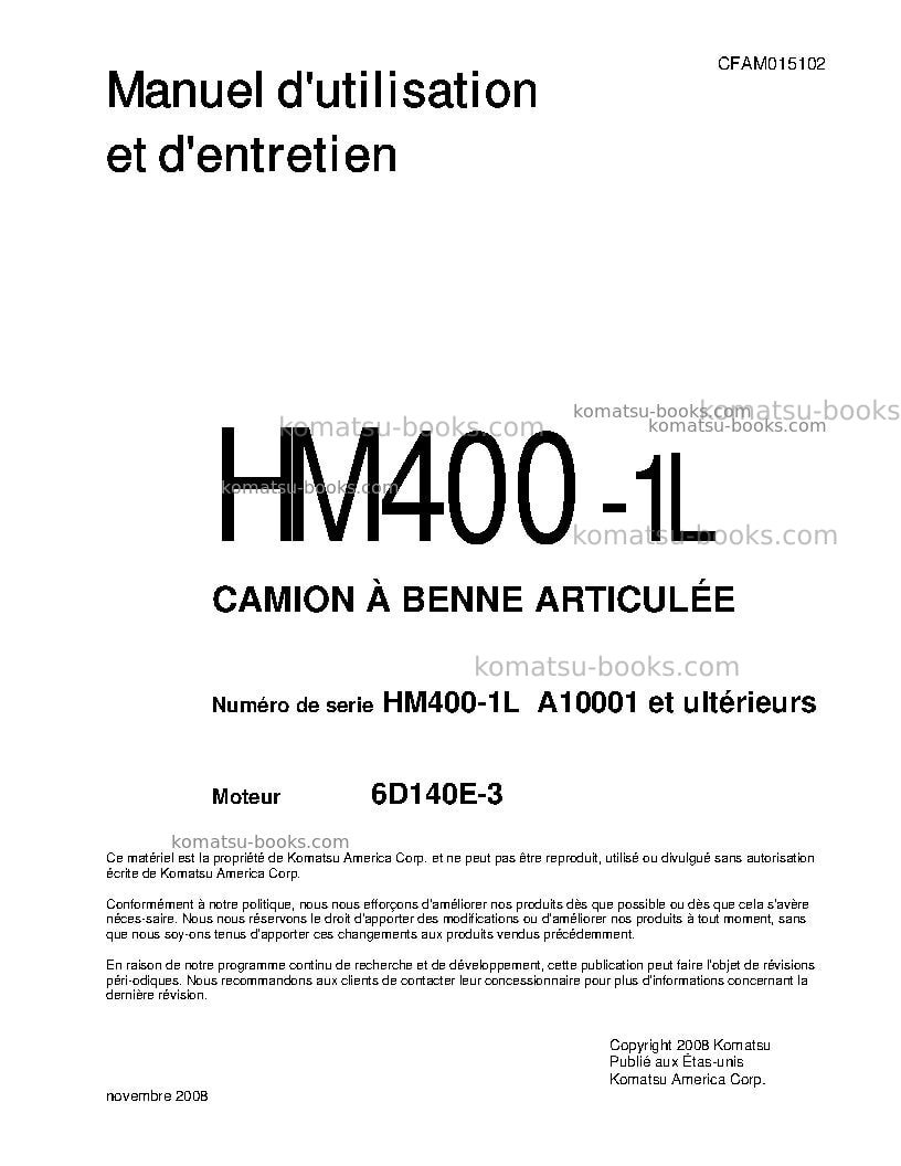 Komatsu hm400-1usa-l Manuel d'utilisation couverture