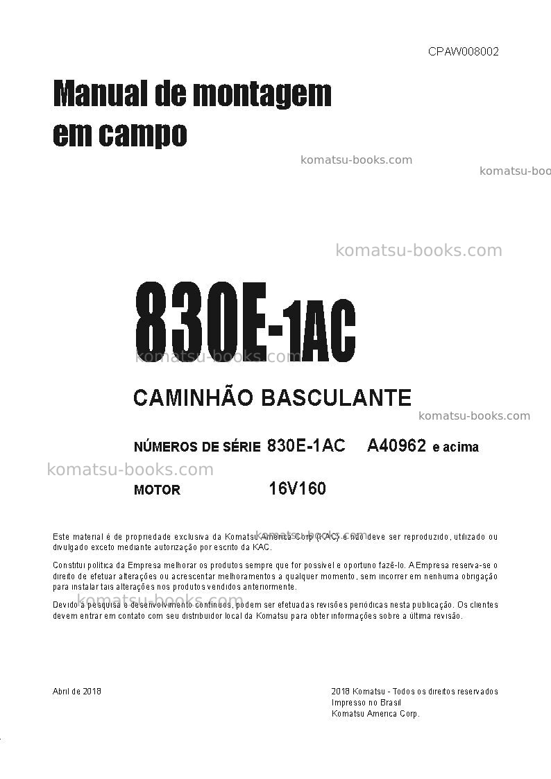 Komatsu 830e-1usa-ac Manual de montagem em campo capa Komatsu 830e-1usa-ac Manual de montagem em campo capa