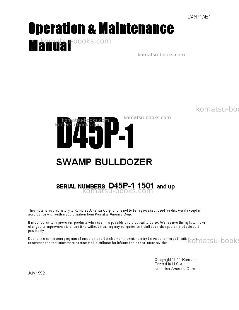 Komatsu d45p-1jpn Operation manual cover Komatsu d45p-1jpn Operation manual cover