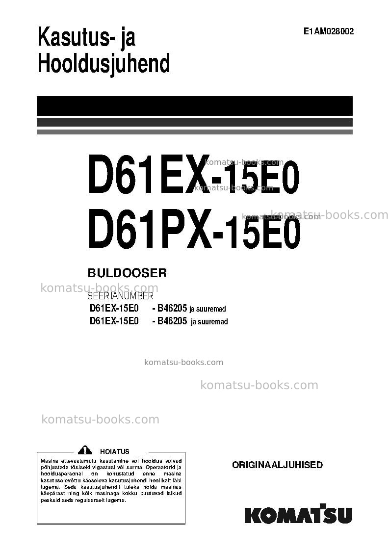 Komatsu d61ex-15bra-e0 Operation manual cover