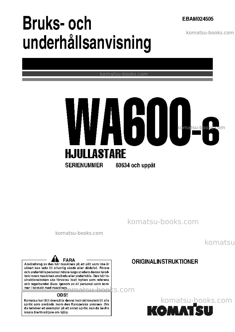 Komatsu wa600-6jpn Operation manual cover