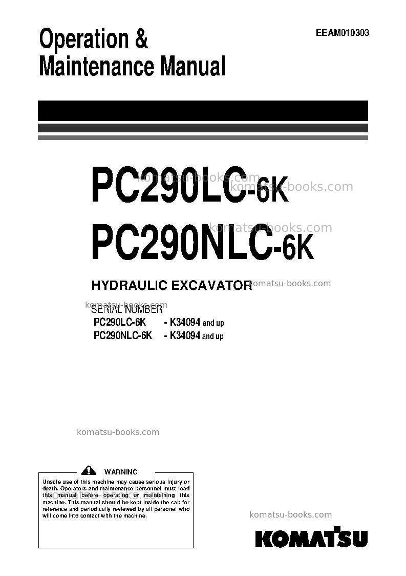 Komatsu pc290lc-6gbr-k Operation manual cover Komatsu pc290lc-6gbr-k Operation manual cover