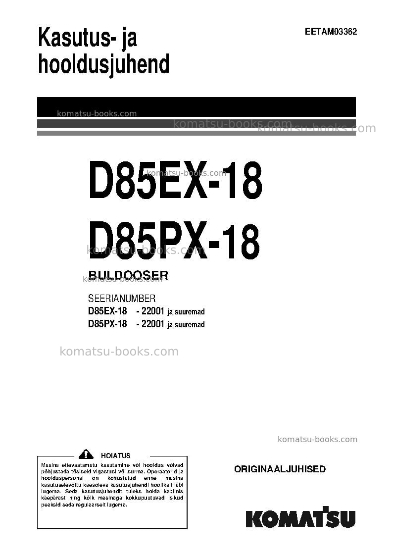 Komatsu d85px-18jpn Operation manual cover Komatsu d85px-18jpn Operation manual cover