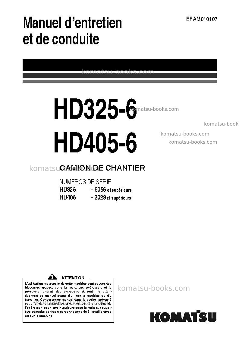 Komatsu hd405-6jpn Manuel d'utilisation couverture Komatsu hd405-6jpn Manuel d'utilisation couverture