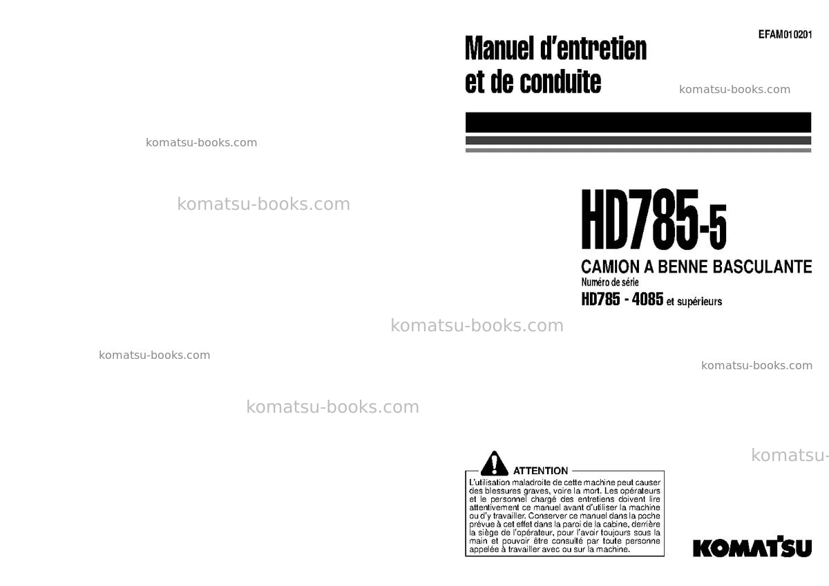 Komatsu hd785-5jpn Manuel d'utilisation couverture Komatsu hd785-5jpn Manuel d'utilisation couverture