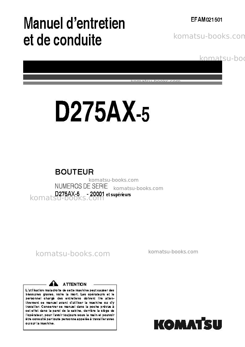 Komatsu d275ax-5jpn Manuel d'utilisation couverture