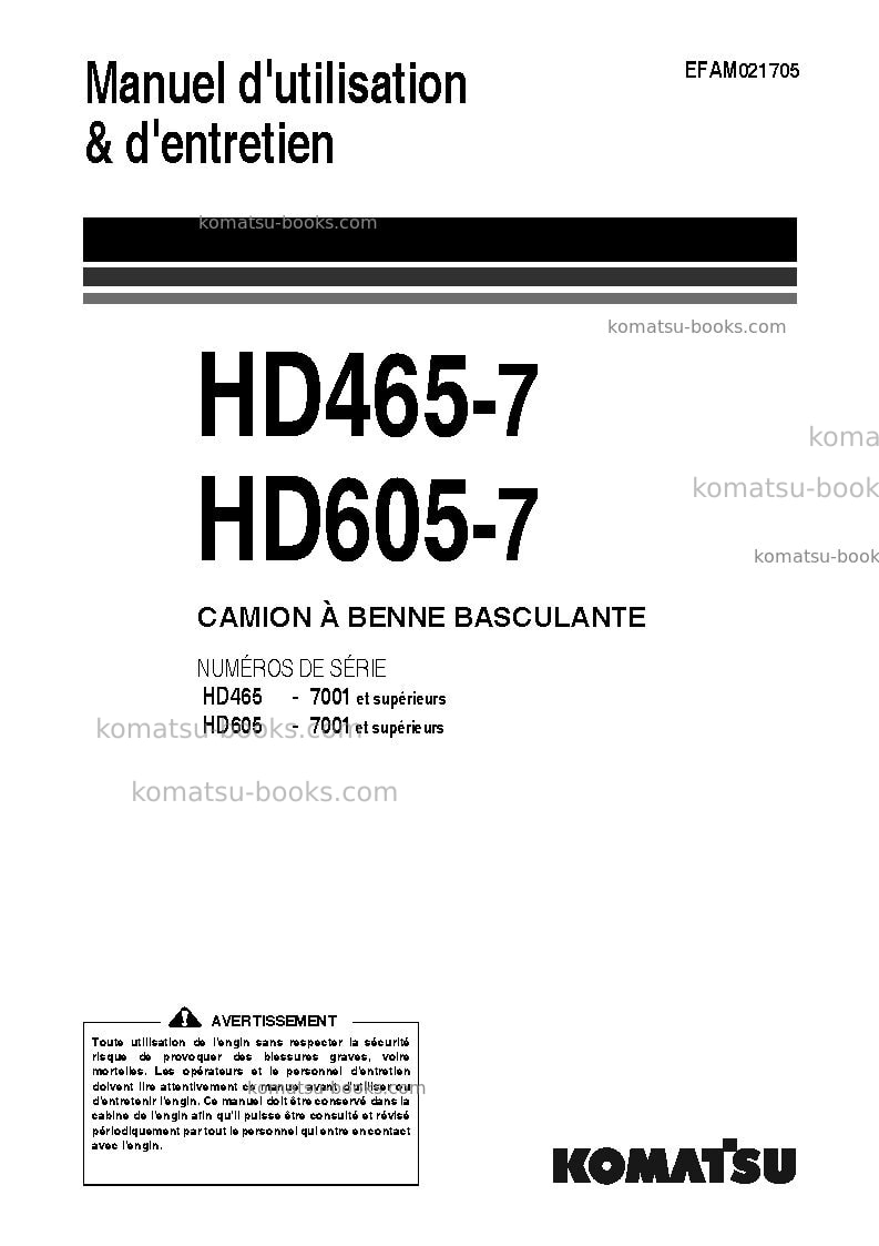 Komatsu hd605-7jpn Manuel d'utilisation couverture Komatsu hd605-7jpn Manuel d'utilisation couverture