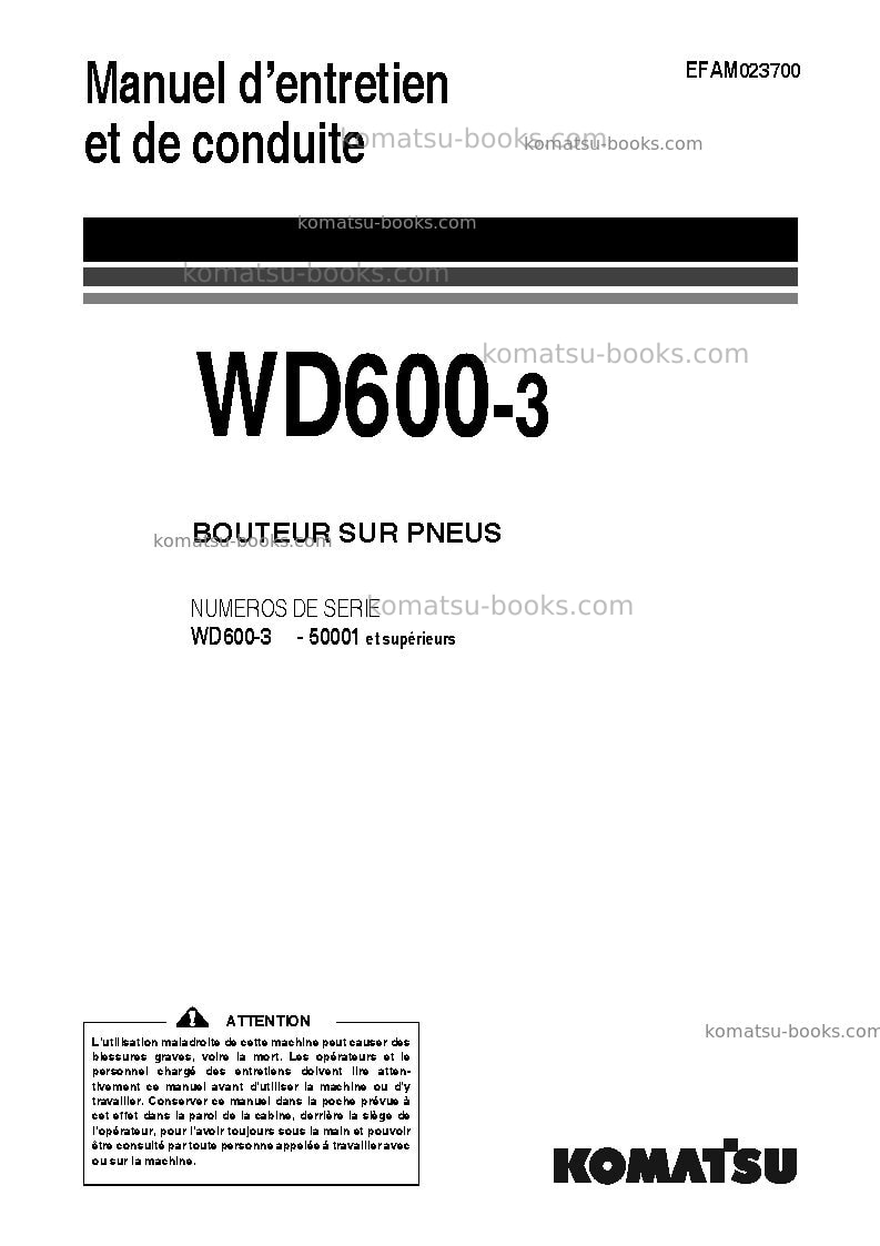 Komatsu wd600-3jpn Manuel d'utilisation couverture