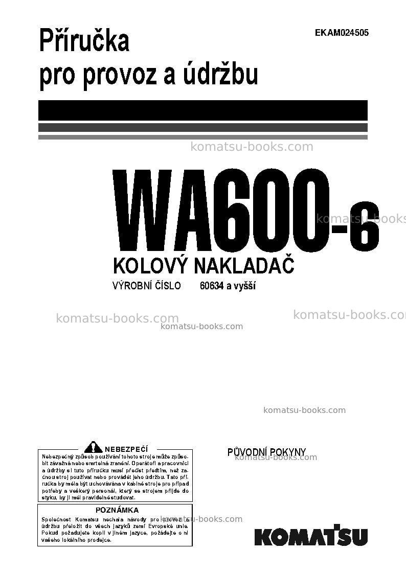 Komatsu wa600-6jpn Provozní manuál obálka Komatsu wa600-6jpn Provozní manuál obálka