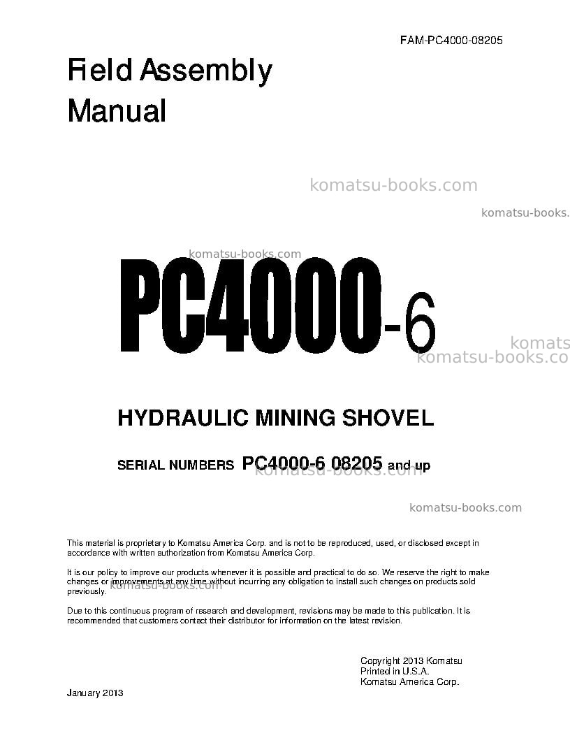 Komatsu pc4000deu Field assembly manual cover Komatsu pc4000deu Field assembly manual cover