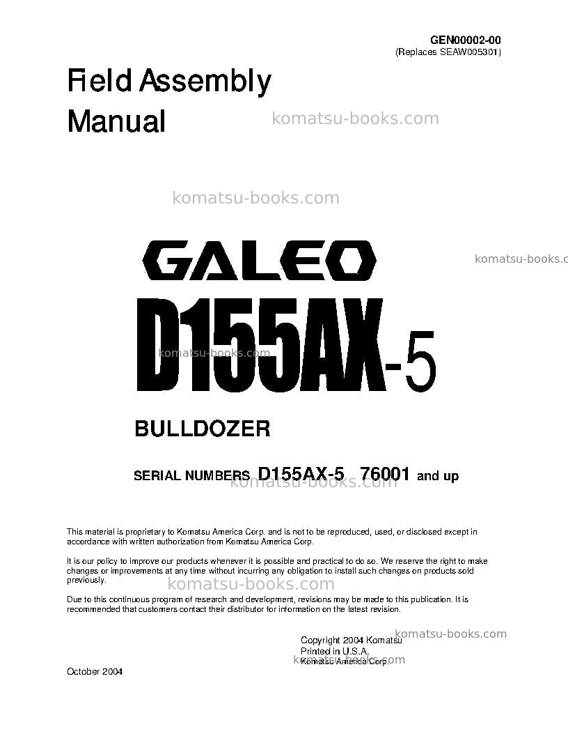 Komatsu d155ax-5jpn Field assembly manual cover Komatsu d155ax-5jpn Field assembly manual cover