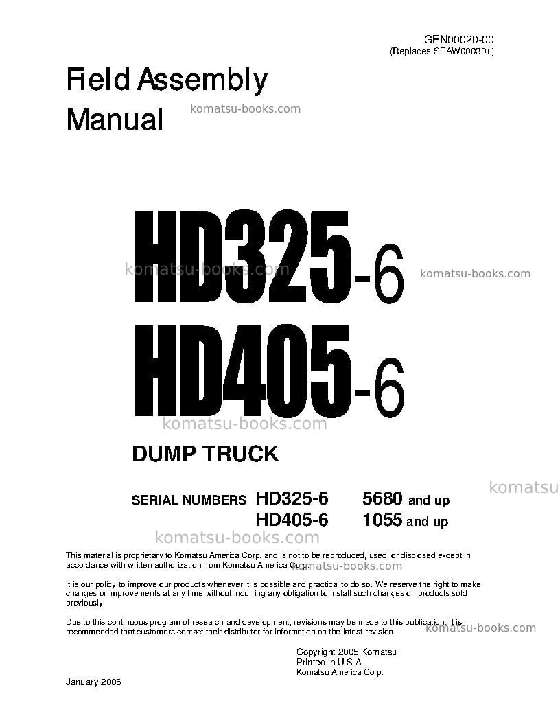 Komatsu hd325-6jpn Field assembly manual cover Komatsu hd325-6jpn Field assembly manual cover