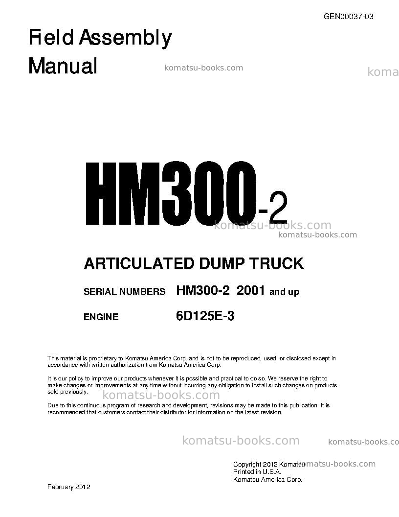 Komatsu hm300-2jpn Field assembly manual cover