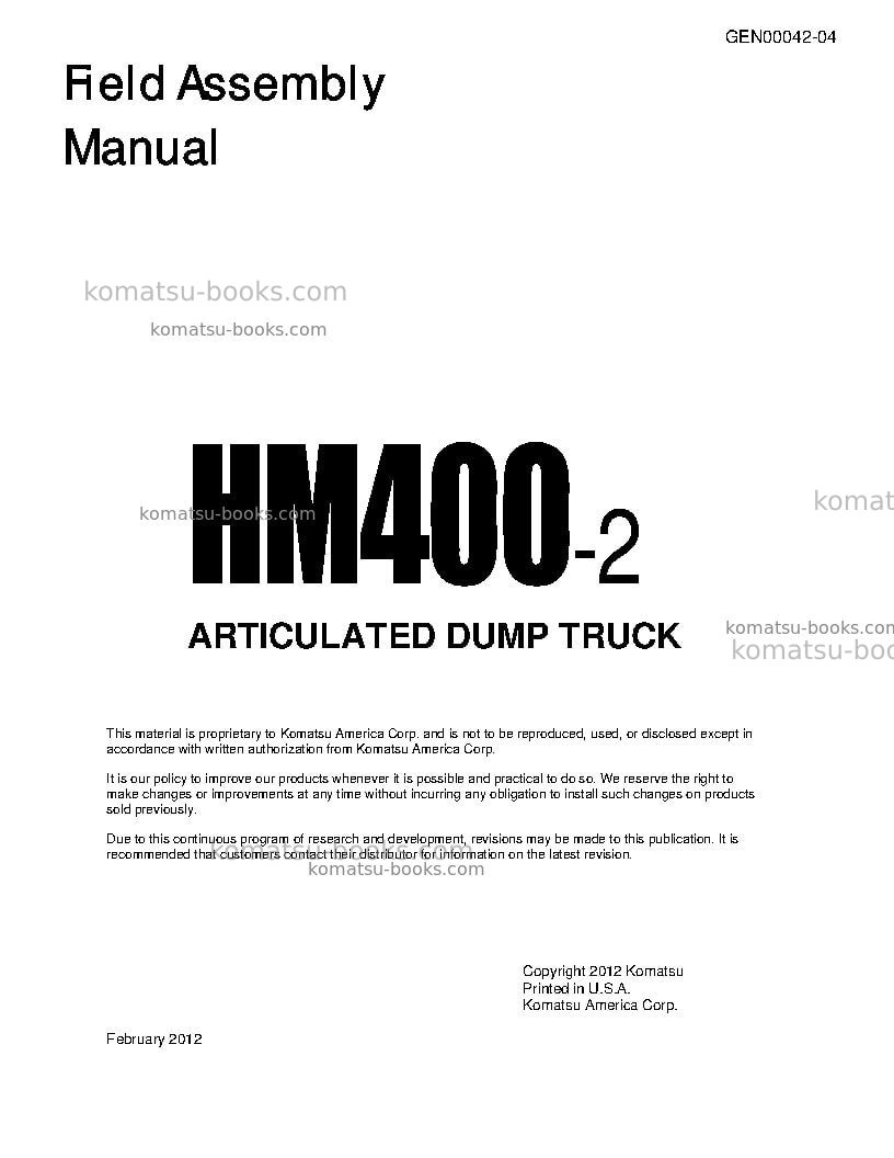 Komatsu hm400-2usa Field assembly manual cover Komatsu hm400-2usa Field assembly manual cover