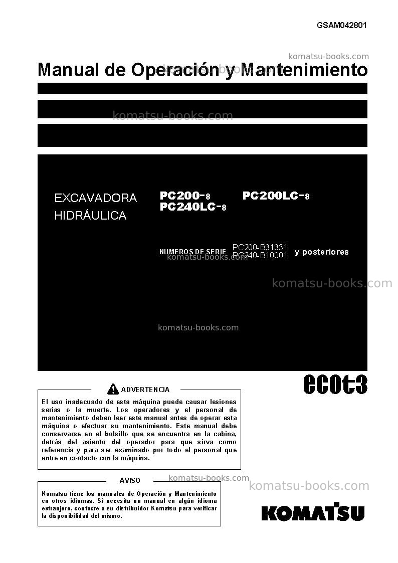 Komatsu pc200-8bra Manual de operación cover Komatsu pc200-8bra Manual de operación cover